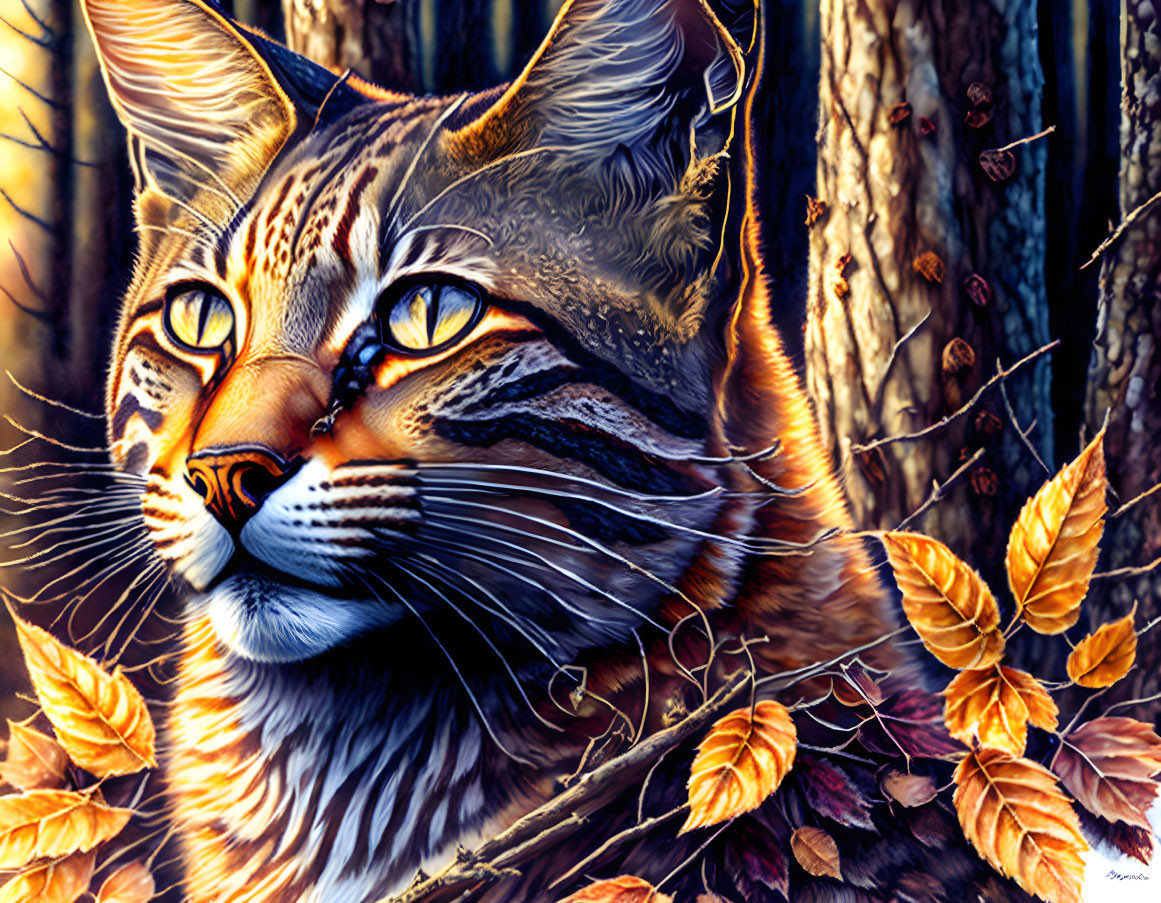 Colorful Cat Artwork Featuring Orange-Eyed Feline in Autumn Setting