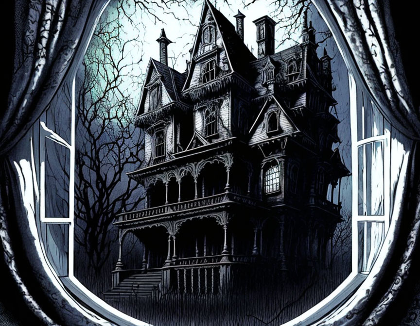 Eerie Victorian house at night with open window silhouette