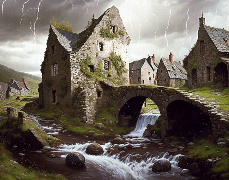 Ancient stone village by river with bridge under stormy sky