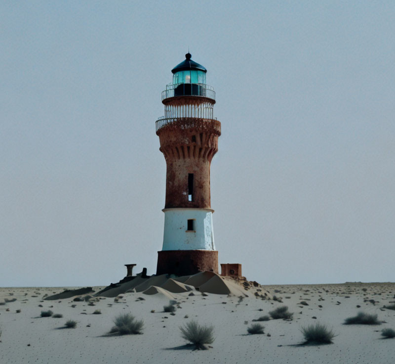 Weathered lighthouse in sandy dunes under clear sky with sparse vegetation