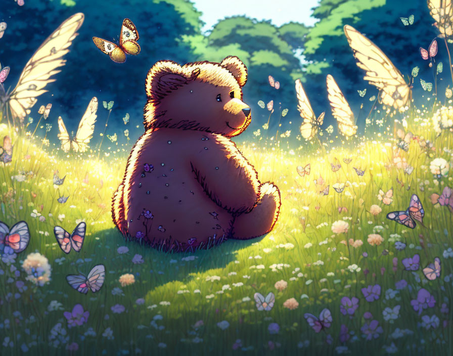 Plush Teddy Bear in Sunny Meadow with Butterflies and Flowers