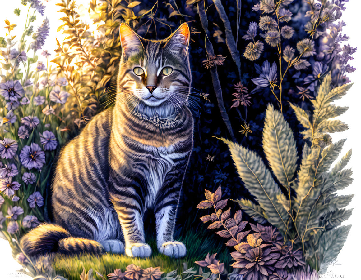 Striped cat in vibrant garden with purple flowers and green foliage