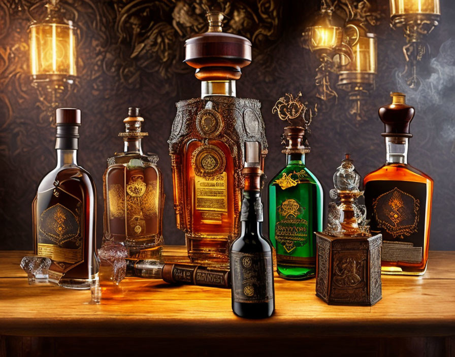 Various ornate liquor bottles with intricate labels on wooden surface, illuminated with warm glow