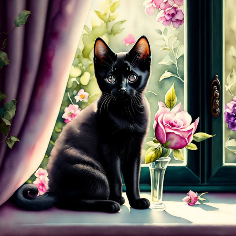 Black Kitten with Blue Eyes Sitting by Pink Rose on Windowsill