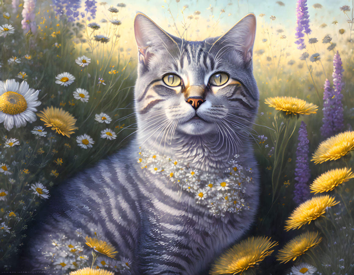 Tabby Cat Surrounded by Colorful Wildflowers in Sunlit Meadow