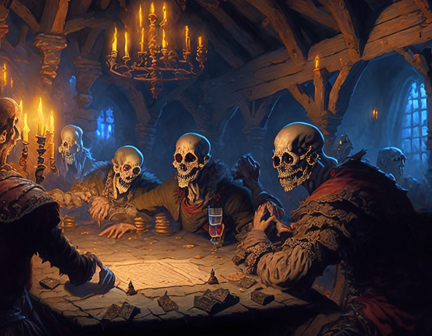 Skeletal Figures Around Candlelit Table in Eerie Tavern