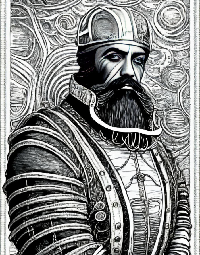 Medieval warrior illustration in intricate armor with circular patterns