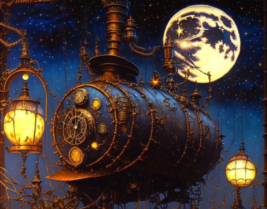 Steampunk-inspired locomotive with clocks and gears under starry sky