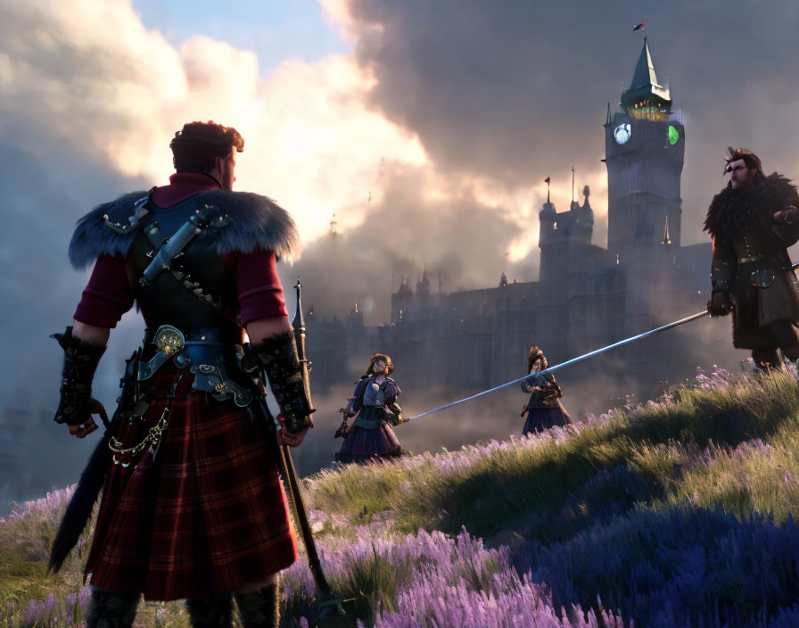 Historical characters in lavender field with clock tower under dramatic sky