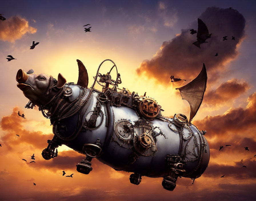 Steampunk mechanical pig with wings flying in orange sunset sky