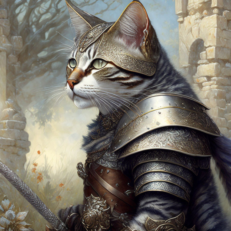 Tabby cat in medieval armor gazes amidst ruins.