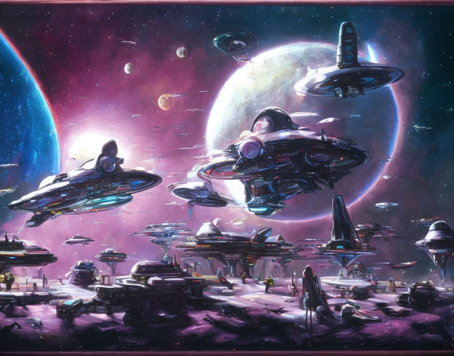 Sci-fi scene with spaceships, space station, and cosmic backdrop