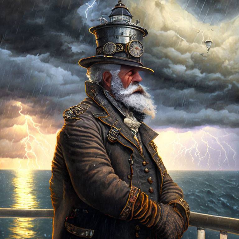 Bearded man in steampunk admiral outfit with lighthouse hat on stormy sea background