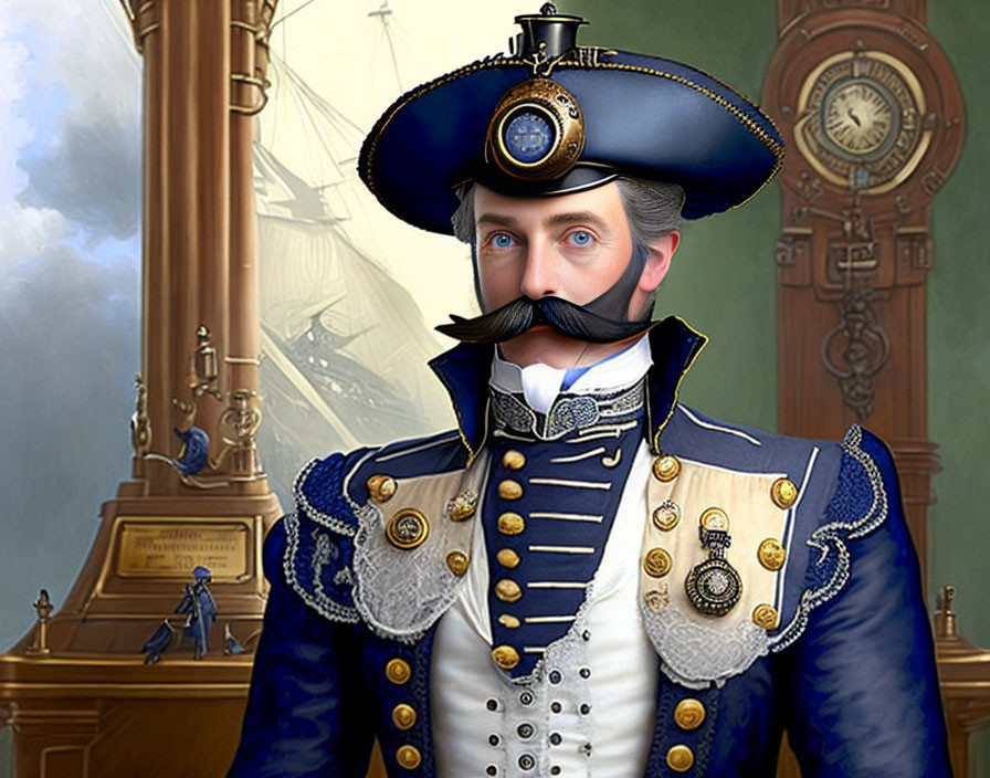 Digital artwork featuring man in navy officer's uniform with hat, mustache, medals, ship, and