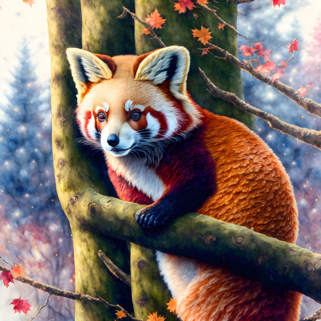 Red panda in autumn forest with snow backdrop