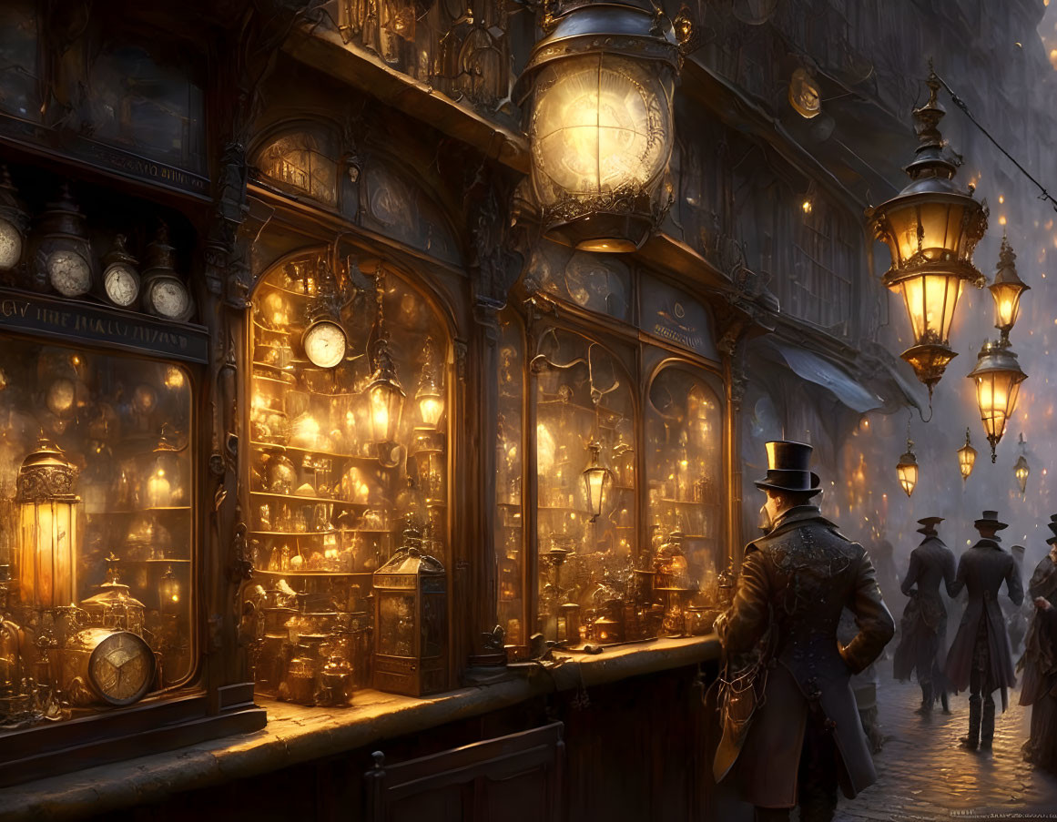 Victorian-style street scene with people in period attire and glowing lanterns.