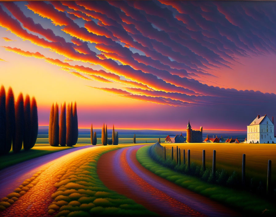 Vibrant sunset over undulating fields, winding road, quaint village, church, and stylized