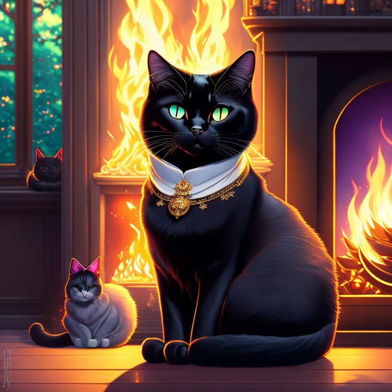 Black Cat with Green Eyes Wearing Gold Necklace by Fireplace