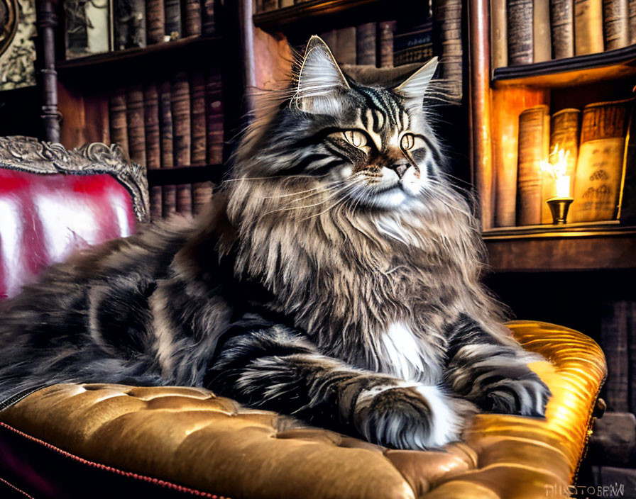 Long-haired cat on leather chair with old books shelves