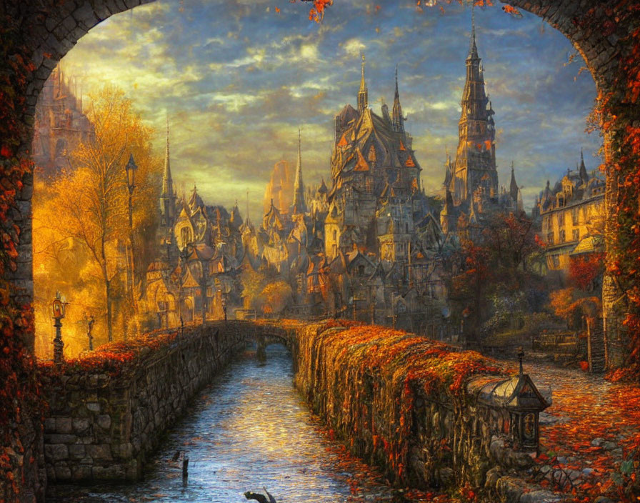 Medieval town with golden foliage, stone bridge, river, and swan.