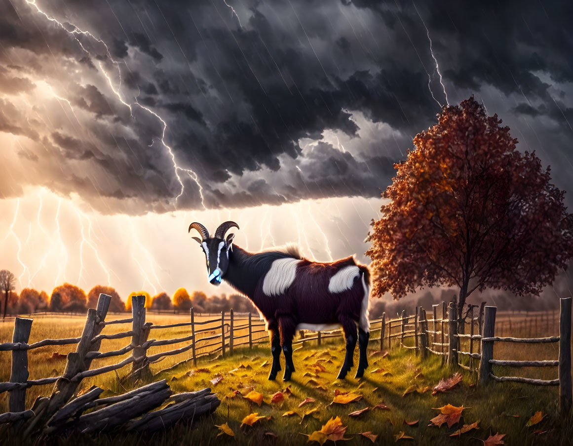 Goat in field with broken fence under stormy sky and lightning bolts.