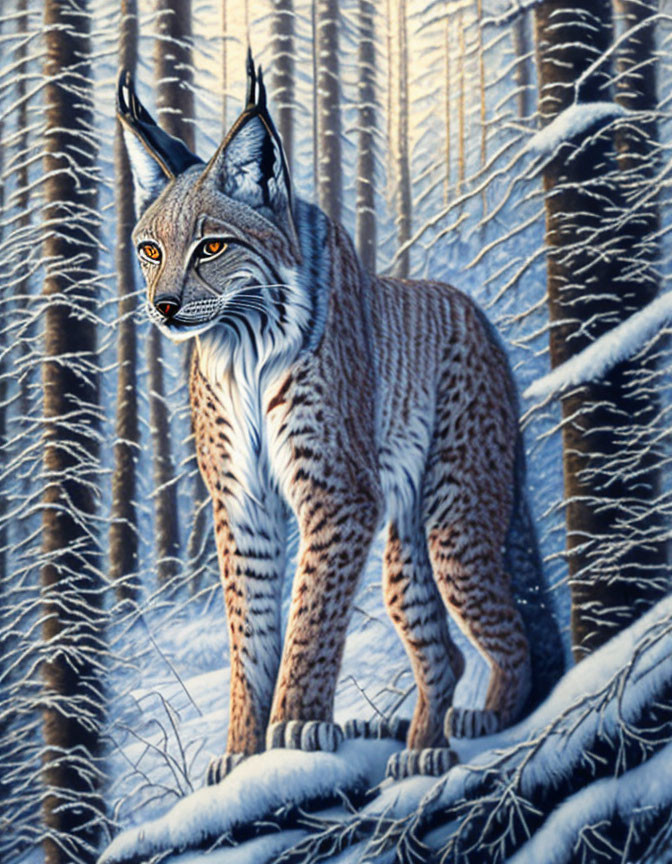 Lynx in snowy forest with thick fur and piercing eyes