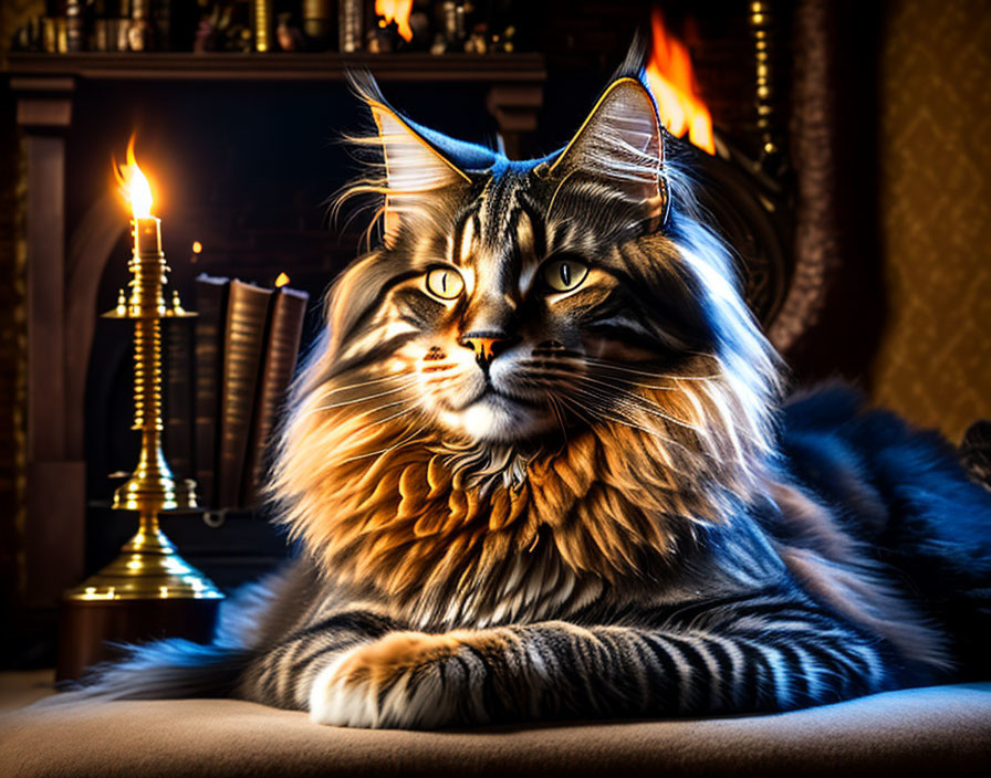 Long-haired cat with striking markings by a cozy fireplace