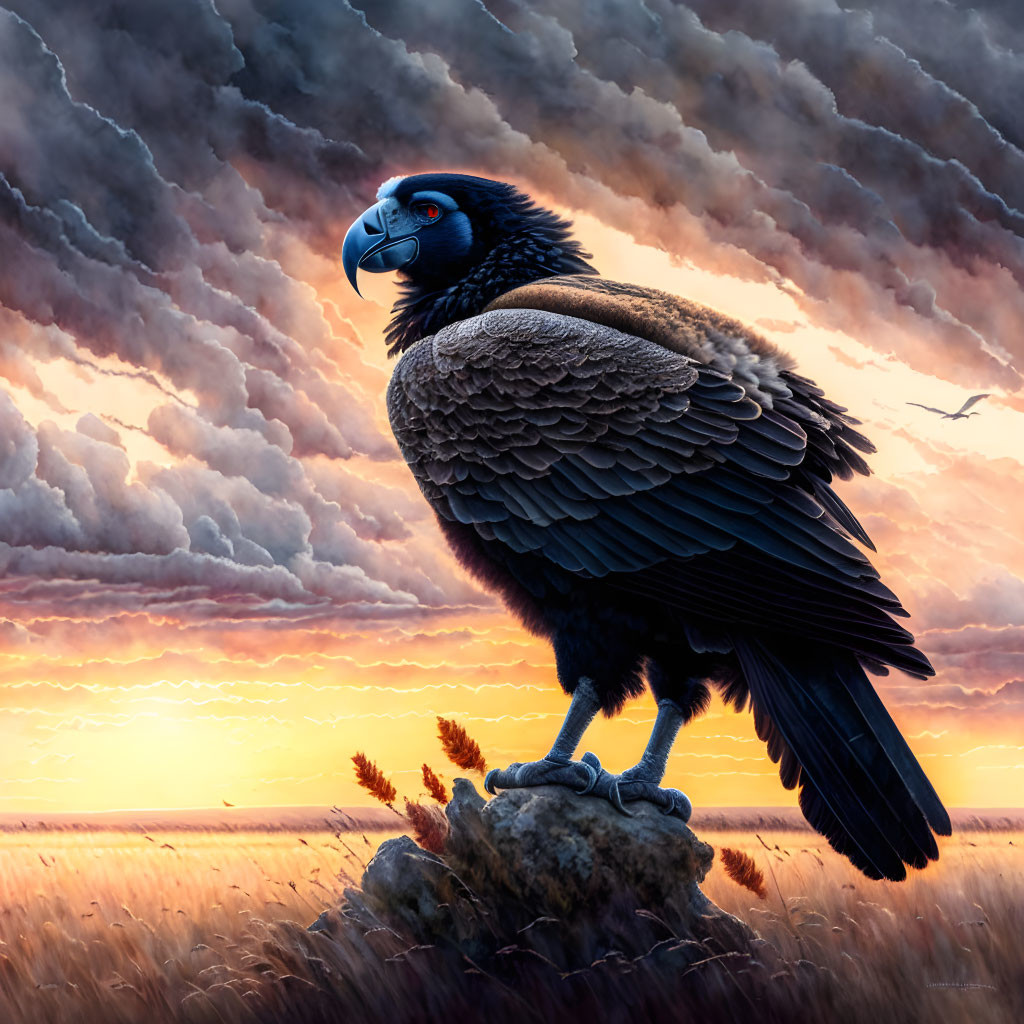 Majestic eagle on rock in dramatic sunset with stormy sky