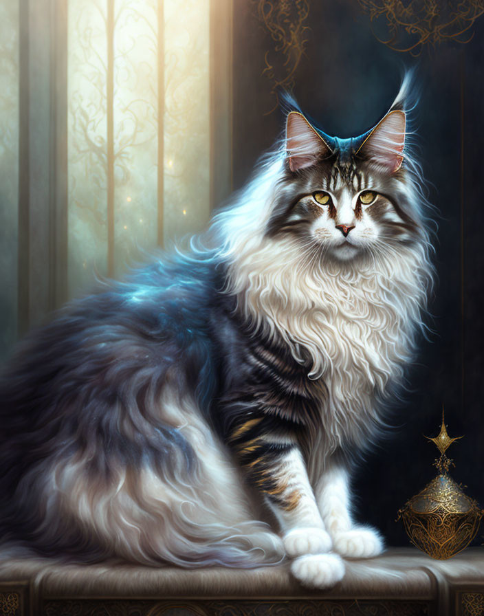 Long-haired cat with blue aura beside lantern and mystical light.