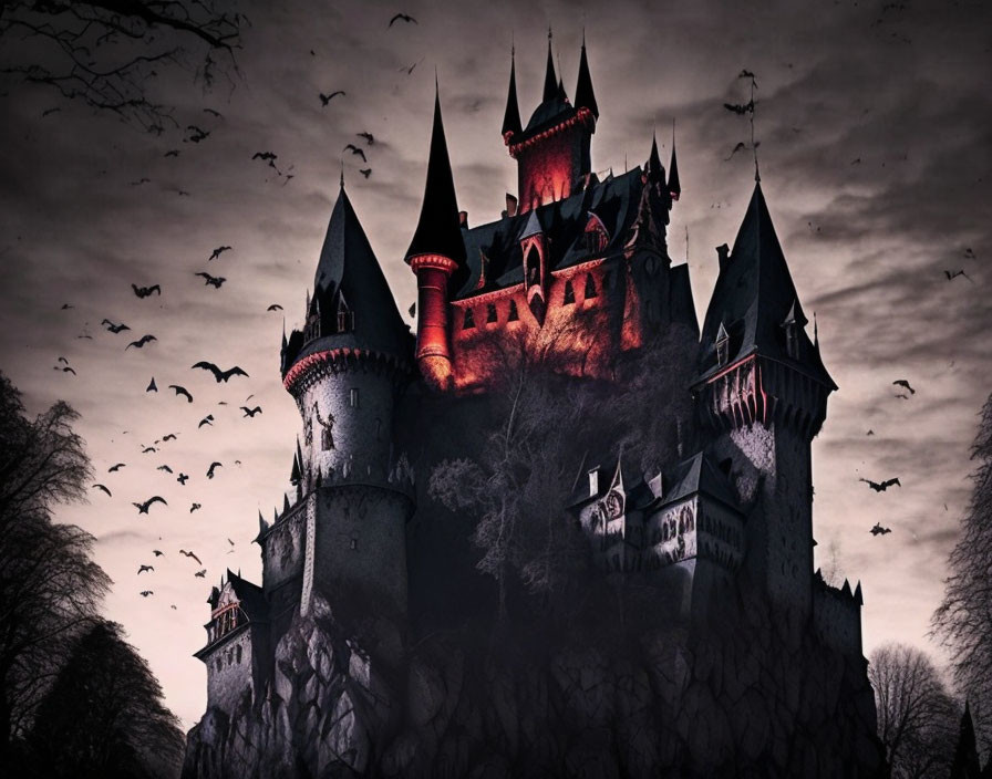 Gothic castle with towers under twilight sky and flying bats