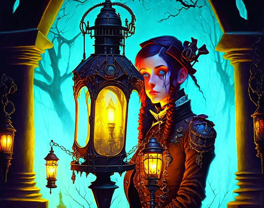 Gothic-style illustration of woman with lantern in eerie blue woods