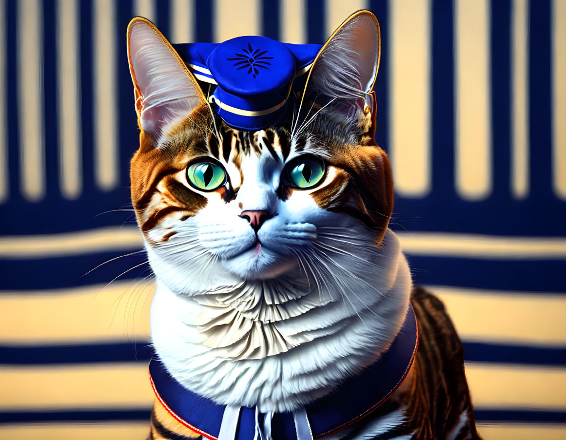 Majestic brown and white cat with blue eyes in blue hat and coat