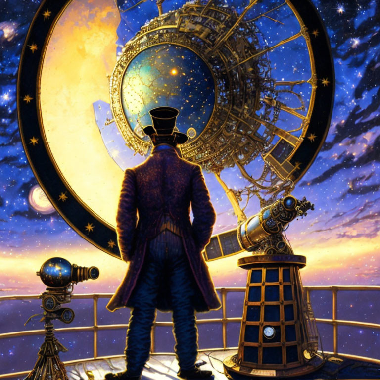 Person in coat and top hat with astrolabe, telescope, and clockwork object under starry