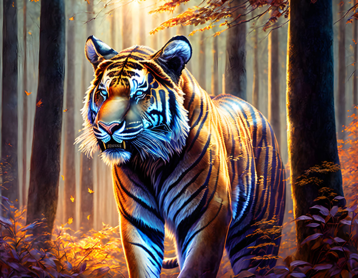 Majestic tiger in vibrant forest with sunlight filtering through trees