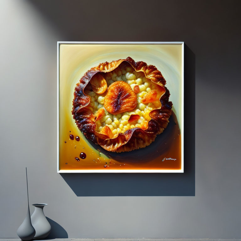 Hyperrealistic Fruit Tart Painting with Shadow and Modern Vase