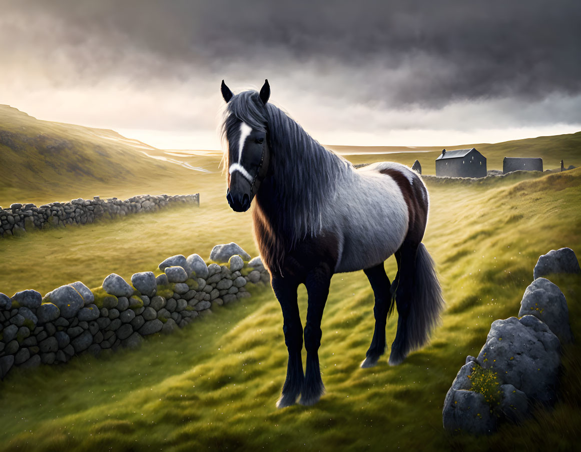 Majestic horse in grassy field with stone walls and farm buildings.