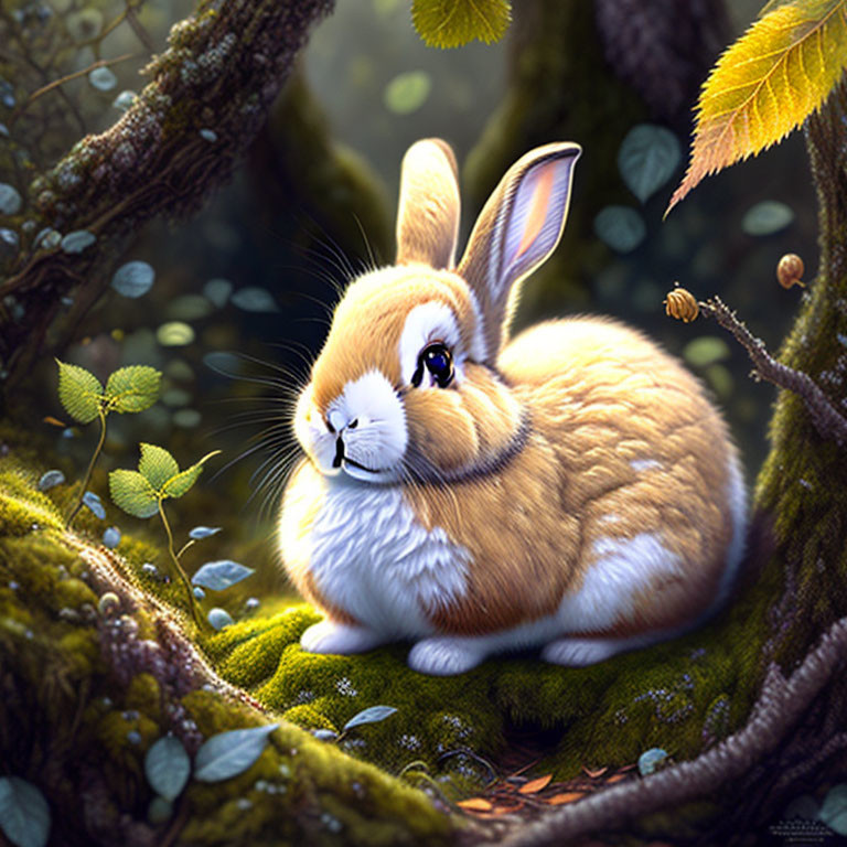 Fluffy rabbit in vibrant forest setting with green moss and dappled sunlight