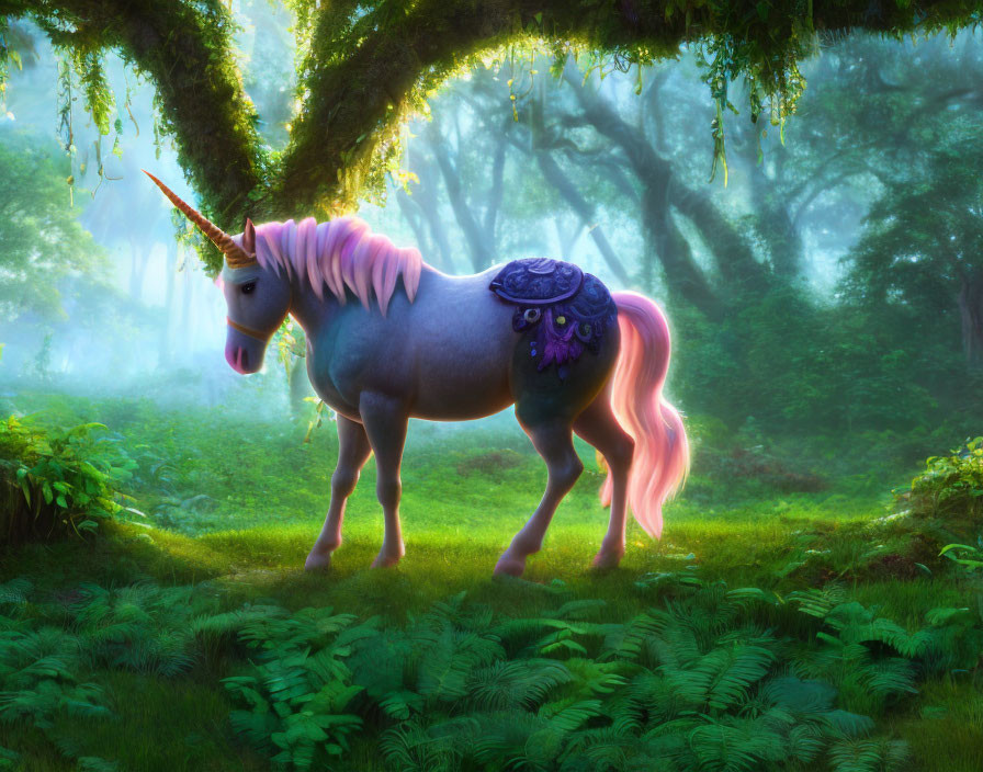 Majestic unicorn with pink mane in mystical forest landscape