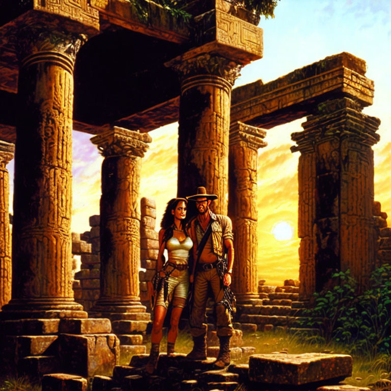 Adventurers in ancient ruins at sunset with gear.