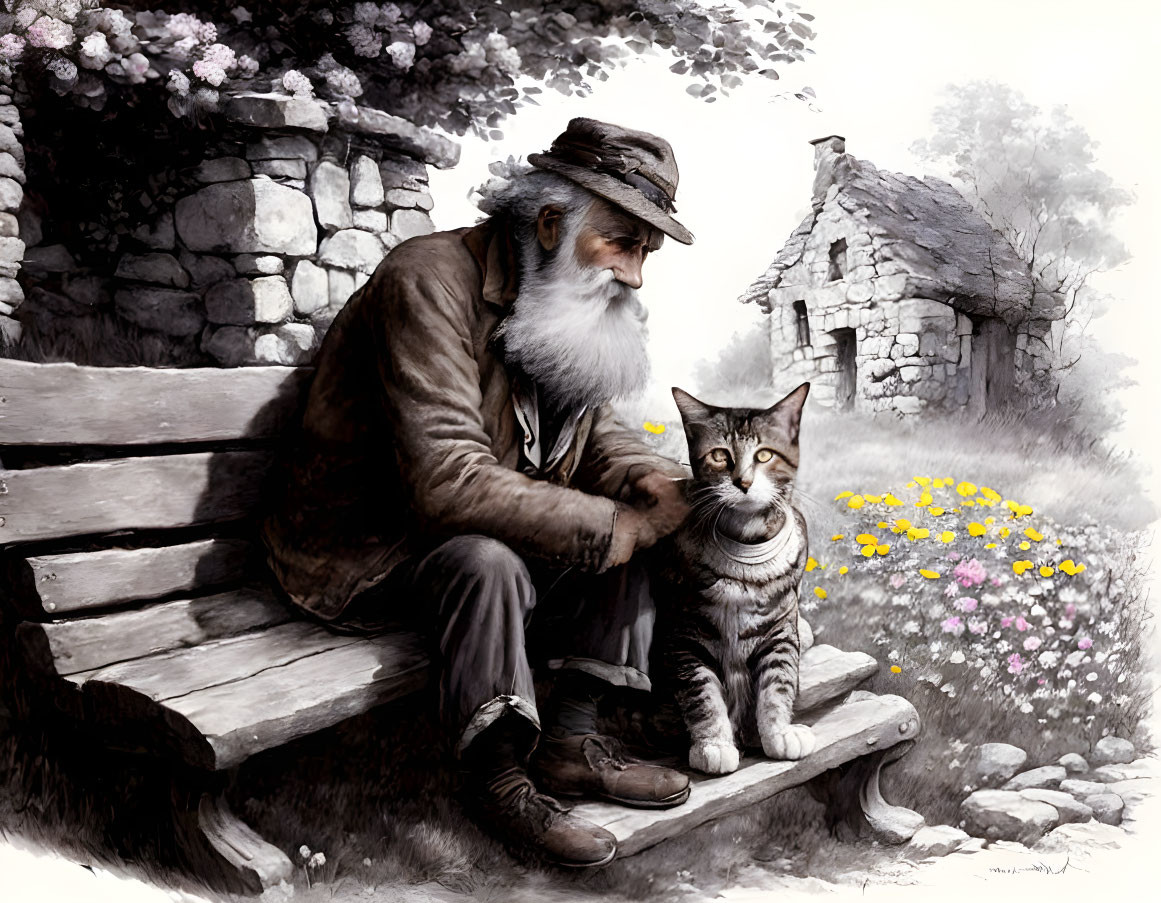 Elderly man with cat on wooden bench near cottage