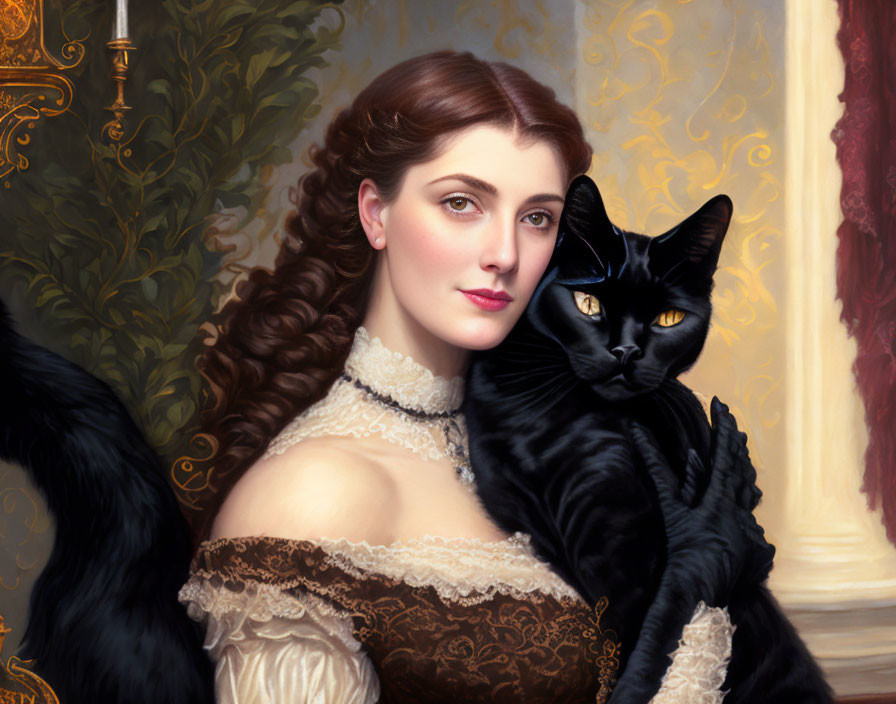 Victorian-era woman with auburn hair holding a black cat