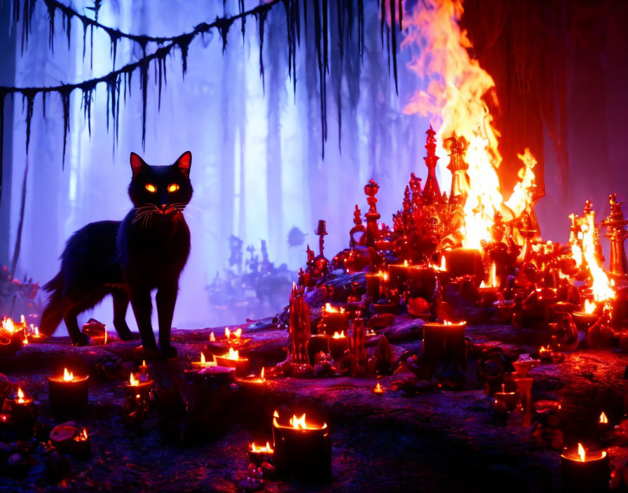 Black Cat with Glowing Eyes in Mystical Forest with Chess Pieces