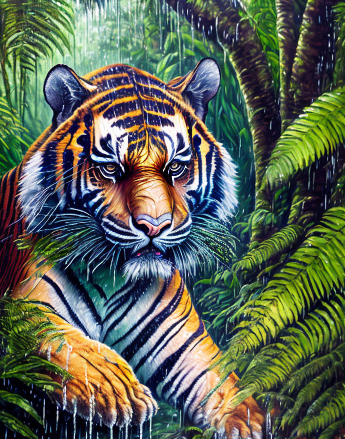 Colorful Tiger Emerging from Lush Jungle with Intense Eyes