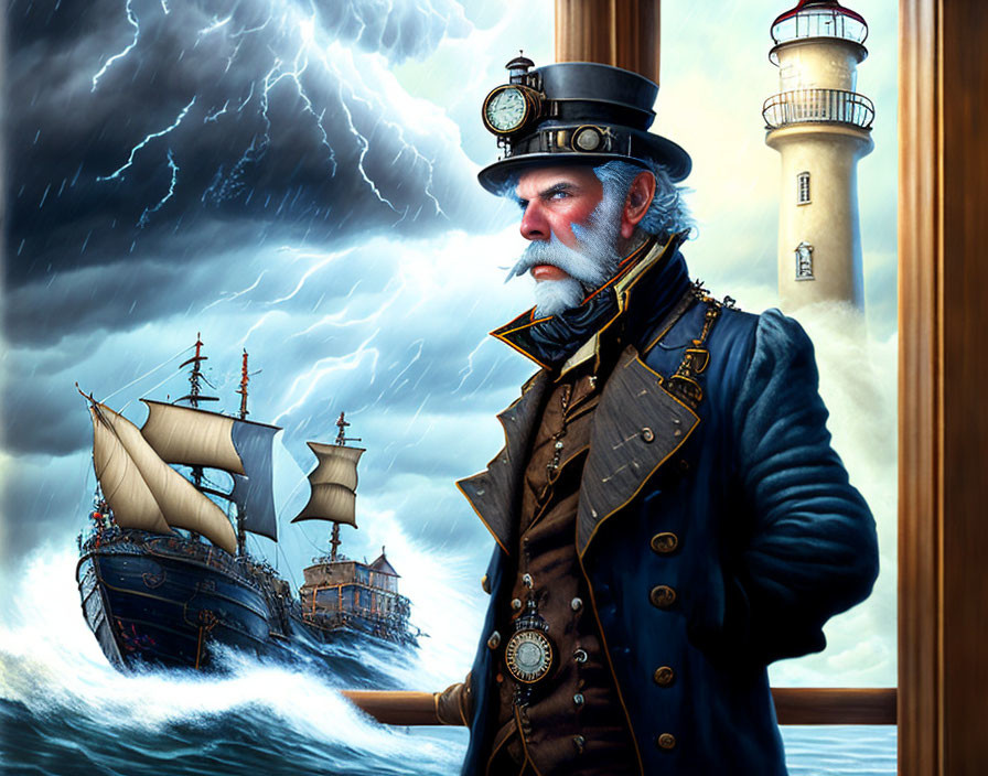 Bearded sea captain in decorated uniform gazes at stormy seas