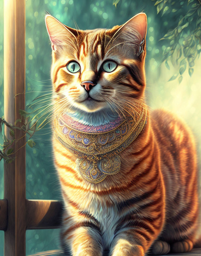 Orange Tabby Cat with Jewelry Sitting by Sunlit Window