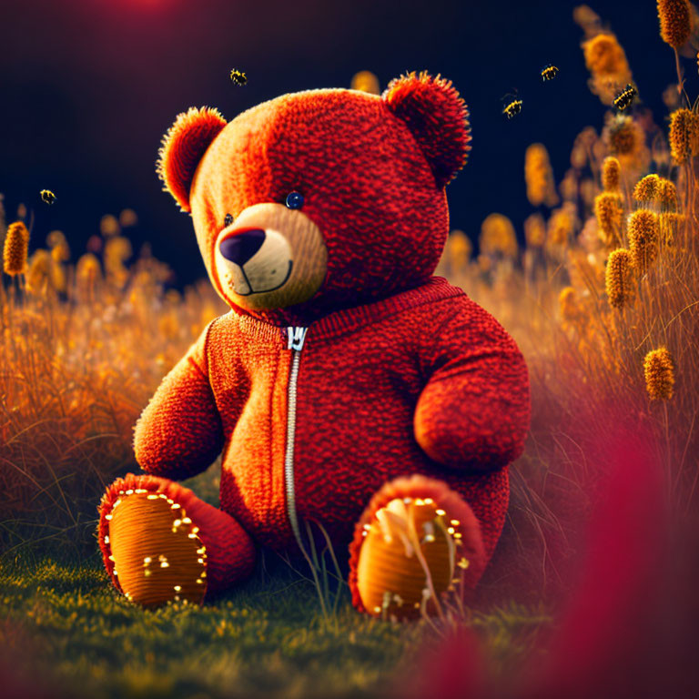 Plush teddy bear in golden field with fireflies at twilight