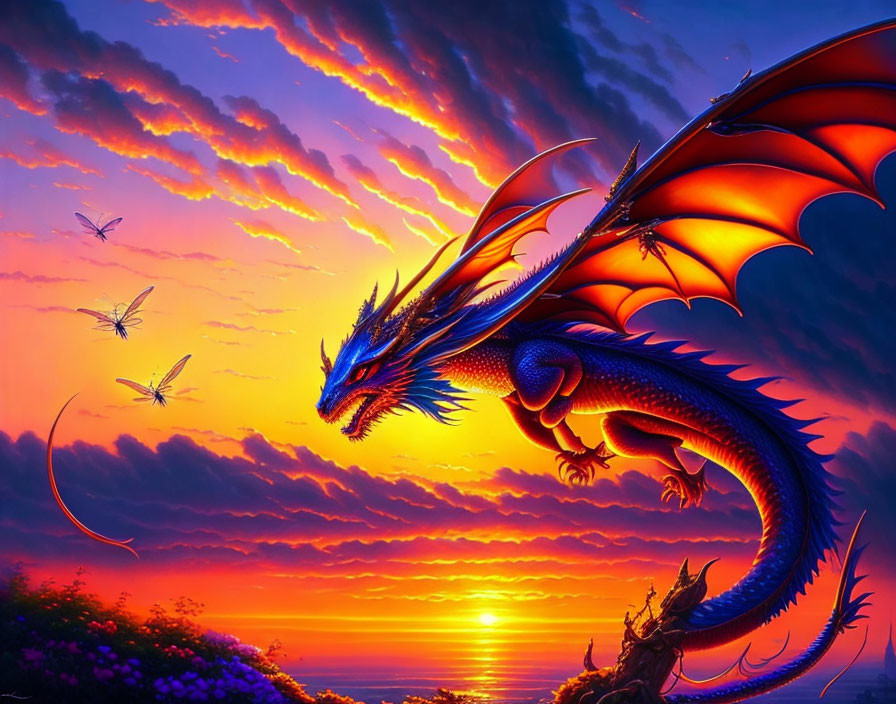 Majestic blue and red dragon against vibrant sunset sky with dragonflies