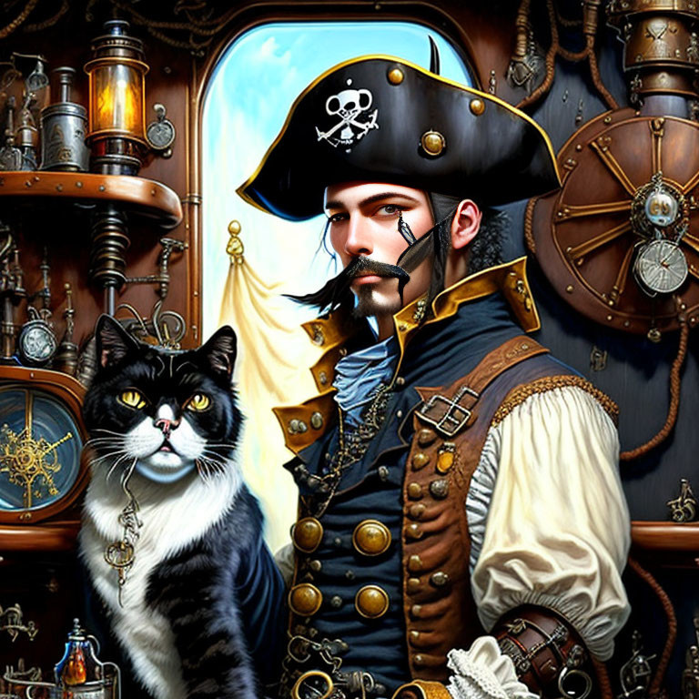 Pirate man with cat in ship cabin setting