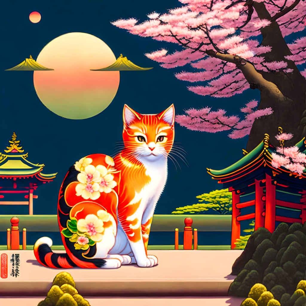 Orange Cat in Japanese Setting with Cherry Blossoms and Red Sun