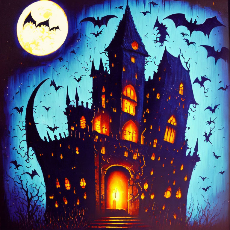 Spooky haunted house illustration with bats and full moon